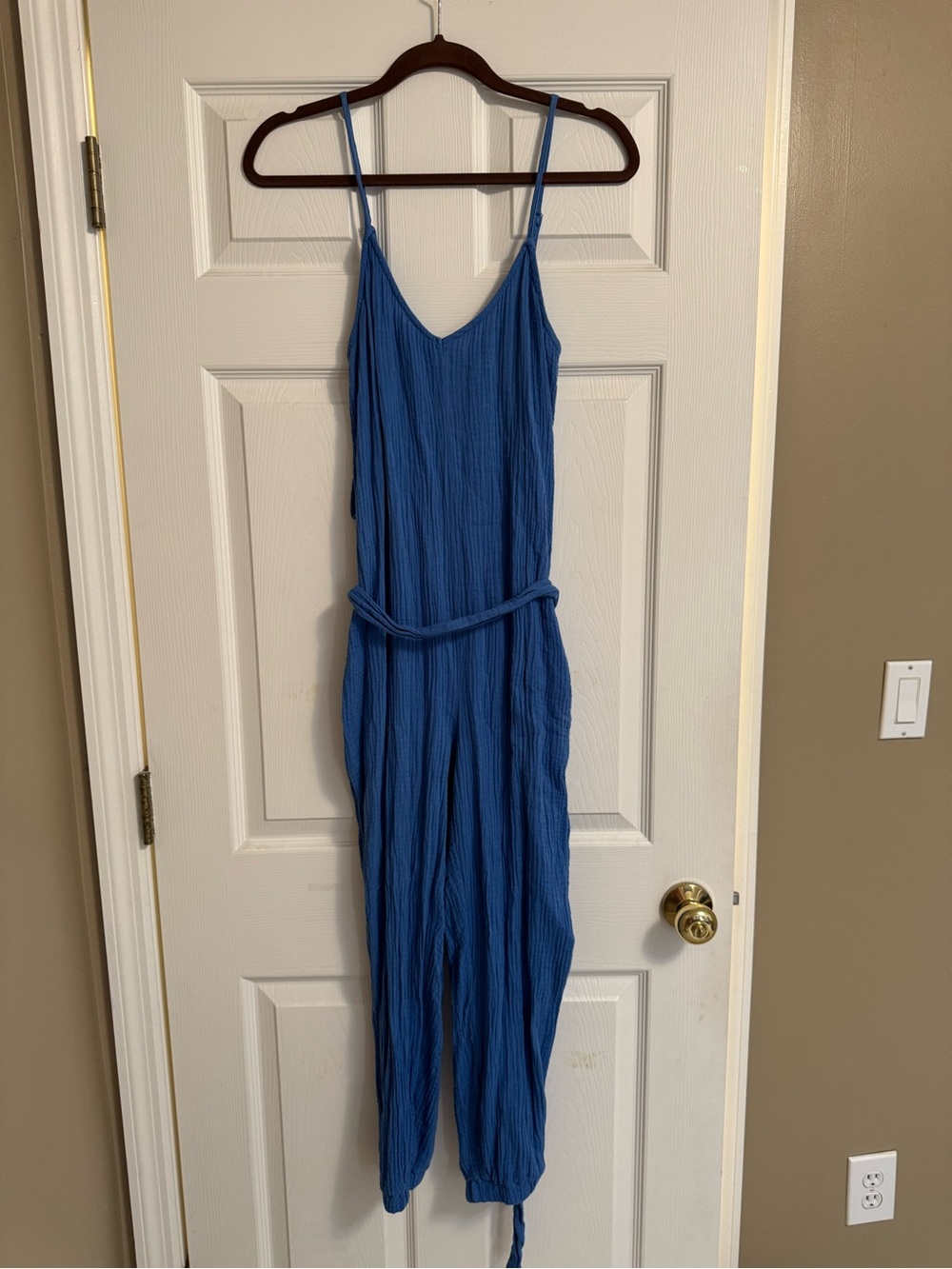 Blue Textured Spaghetti Strap Jumpsuit